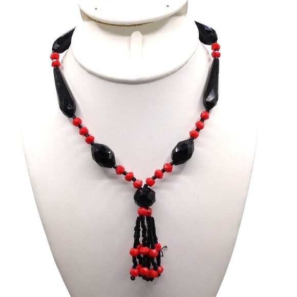 Antique Black and Red Flapper Necklace, French Jet Czech Glass Beads with Beaded - Picture 2 of 4